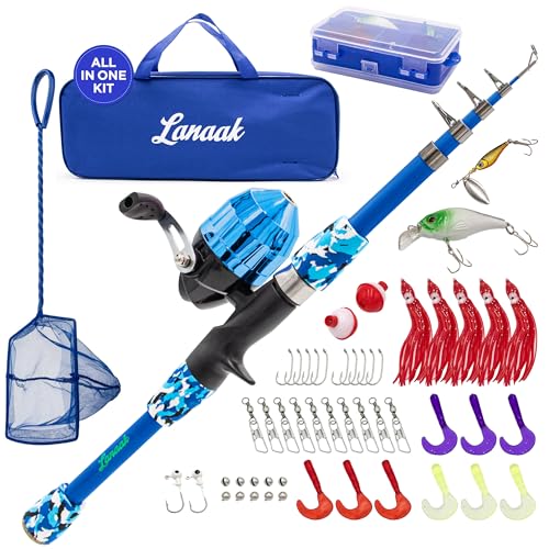 Lanaak Kids Fishing Pole and Tackle Box - with Net, Travel Bag, Reel and Beginner’s Guide - Rod and Reel Kit for Boys, Girls, or Youth (Blue)
