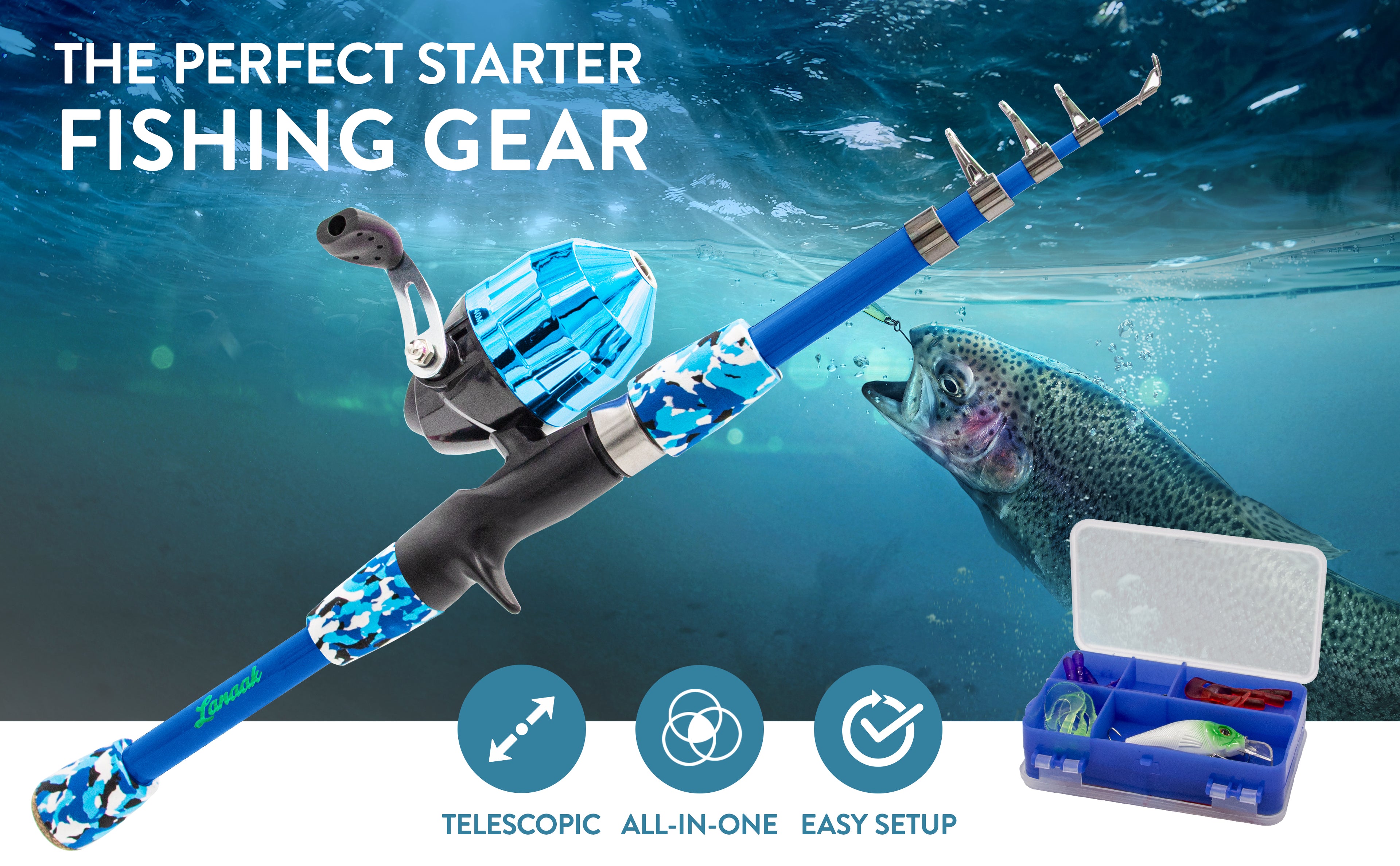 Lanaak Kids Camo-Blue Fishing Pole Combo Kit with Tackle Box and Net