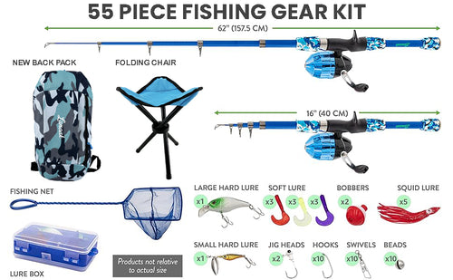 Lanaak Kids Camo-Blue Fishing Pole Combo Kit with Tackle Box and Net