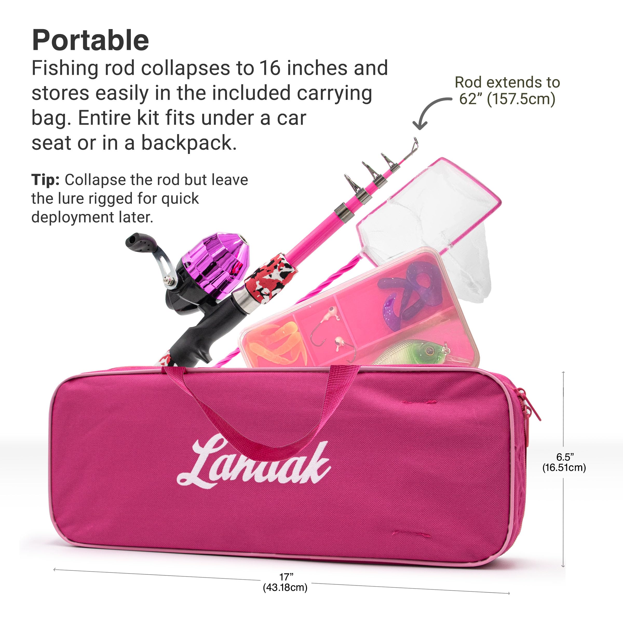 Lanaak Kids Fishing Pole and Tackle Box - with Net, Travel Bag, Reel and Beginner’s Guide - Rod and Reel Kit for Boys, Girls, or Youth (Pink)