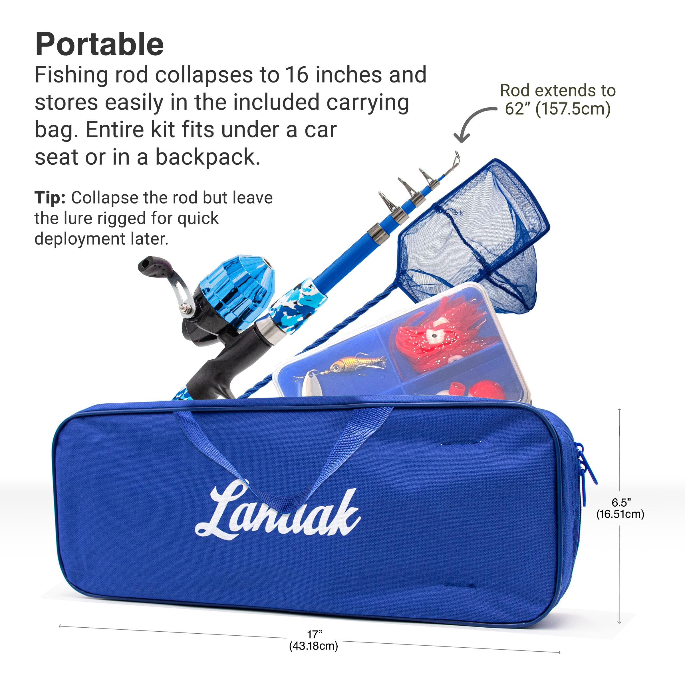 Lanaak Kids Fishing Pole and Tackle Box - with Net, Travel Bag, Reel and Beginner’s Guide - Rod and Reel Kit for Boys, Girls, or Youth (Blue)