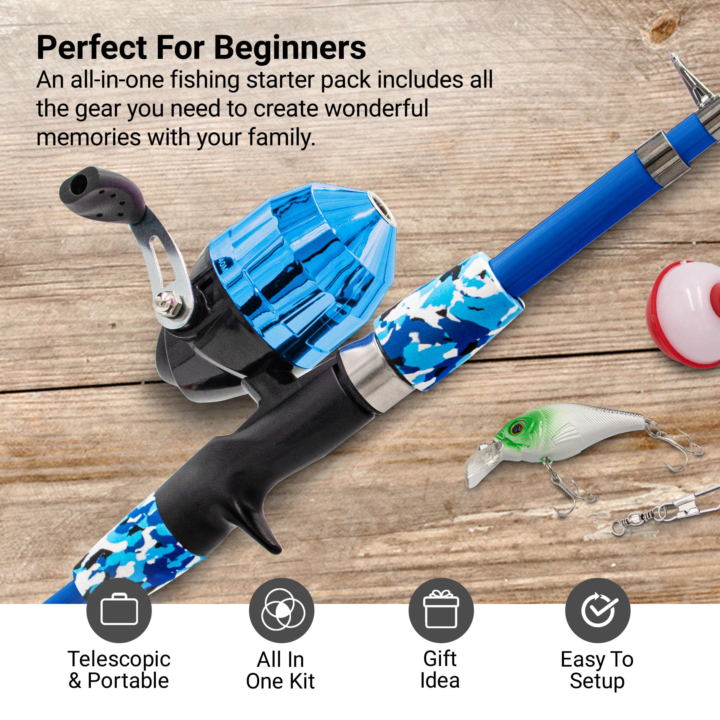 Lanaak Kids Fishing Pole and Tackle Box - with Net, Travel Bag, Reel and Beginner’s Guide - Rod and Reel Kit for Boys, Girls, or Youth (Blue)