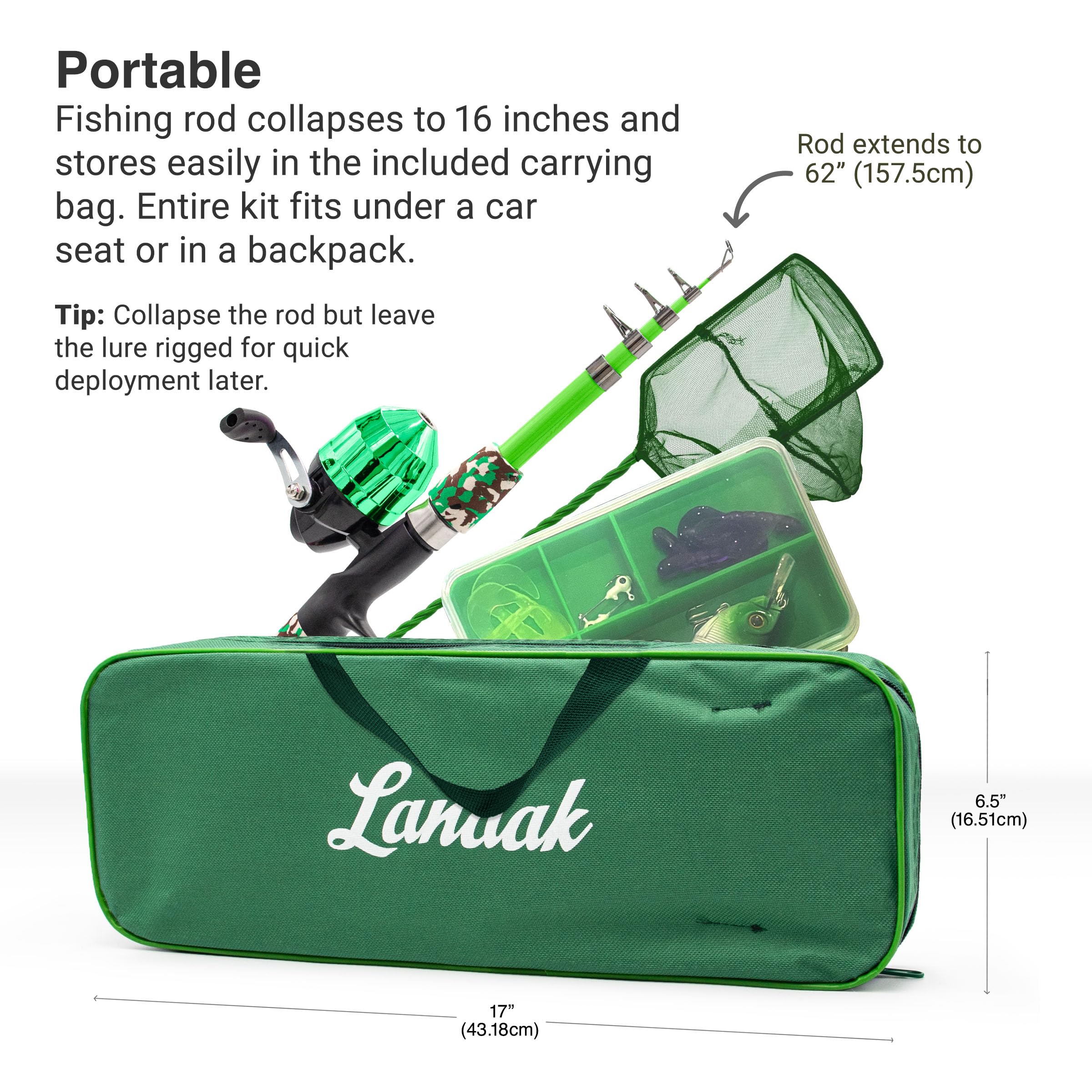Lanaak Kids Fishing Pole and Tackle Box - with Net, Travel Bag, Reel and Beginner’s Guide - Rod and Reel Kit for Boys, Girls, or Youth (Green)
