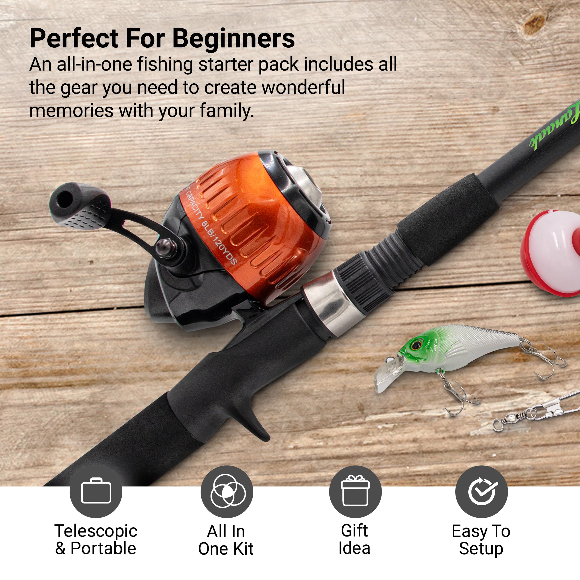 Lanaak Kids Fishing Pole and Tackle Box - with Net, Travel Bag, Reel and Beginner’s Guide - Rod and Reel Kit for Boys, Girls, or Youth (Black Rod)