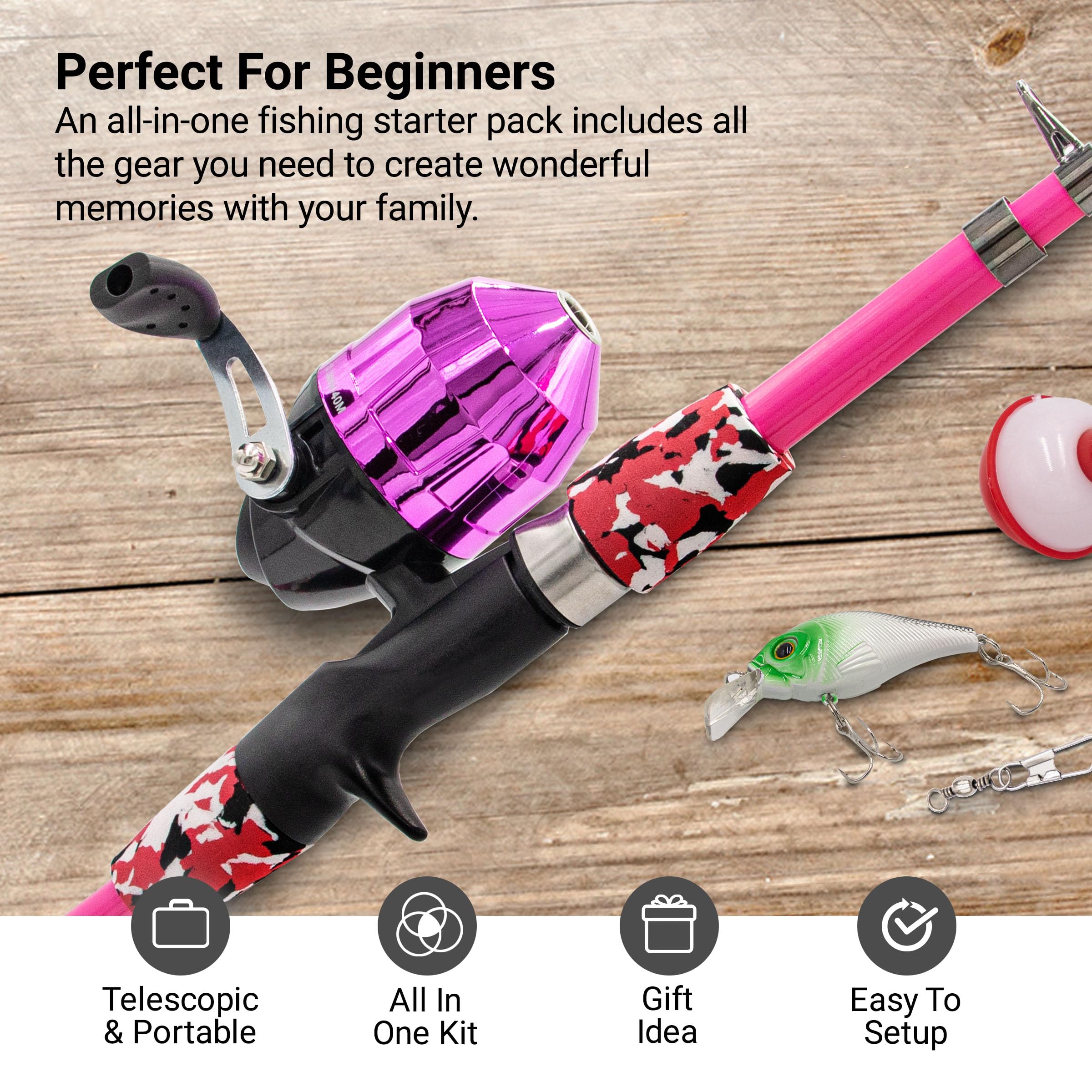 Lanaak Kids Fishing Pole and Tackle Box - with Net, Travel Bag, Reel and Beginner’s Guide - Rod and Reel Kit for Boys, Girls, or Youth (Pink)