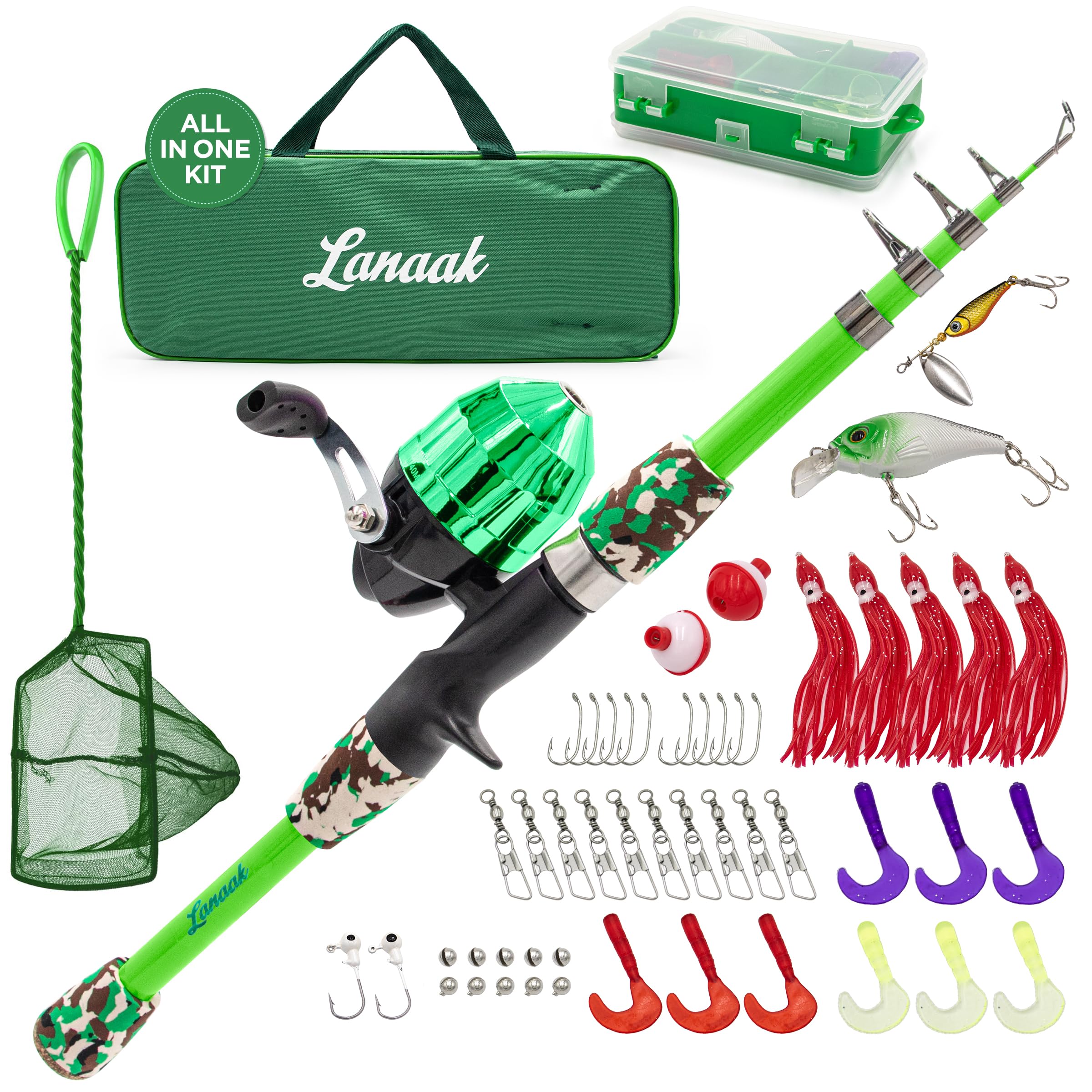 Lanaak Kids Fishing Pole and Tackle Box - with Net, Travel Bag, Reel and Beginner’s Guide - Rod and Reel Kit for Boys, Girls, or Youth (Green)