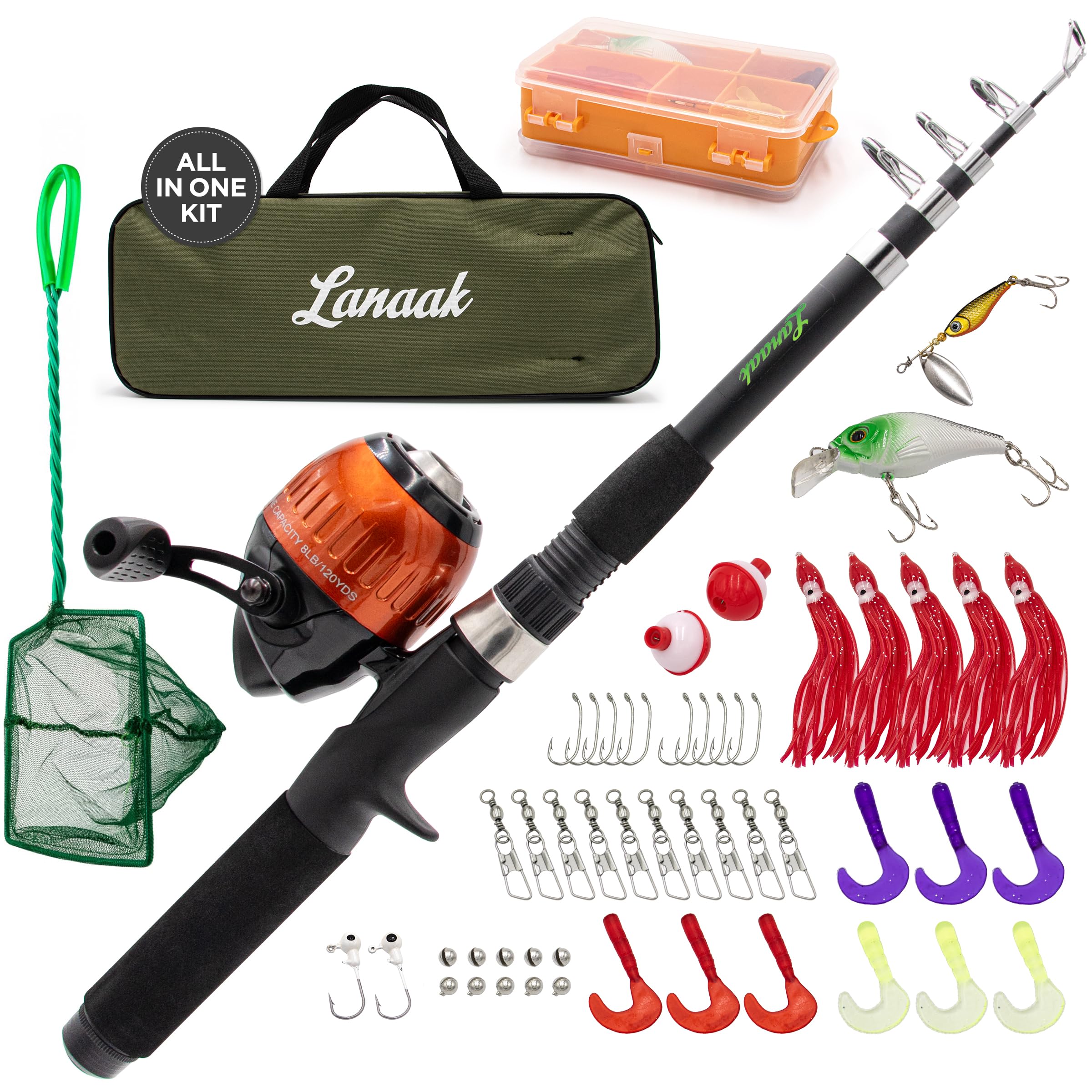 Lanaak Kids Fishing Pole and Tackle Box - with Net, Travel Bag, Reel and Beginner’s Guide - Rod and Reel Kit for Boys, Girls, or Youth (Black Rod)