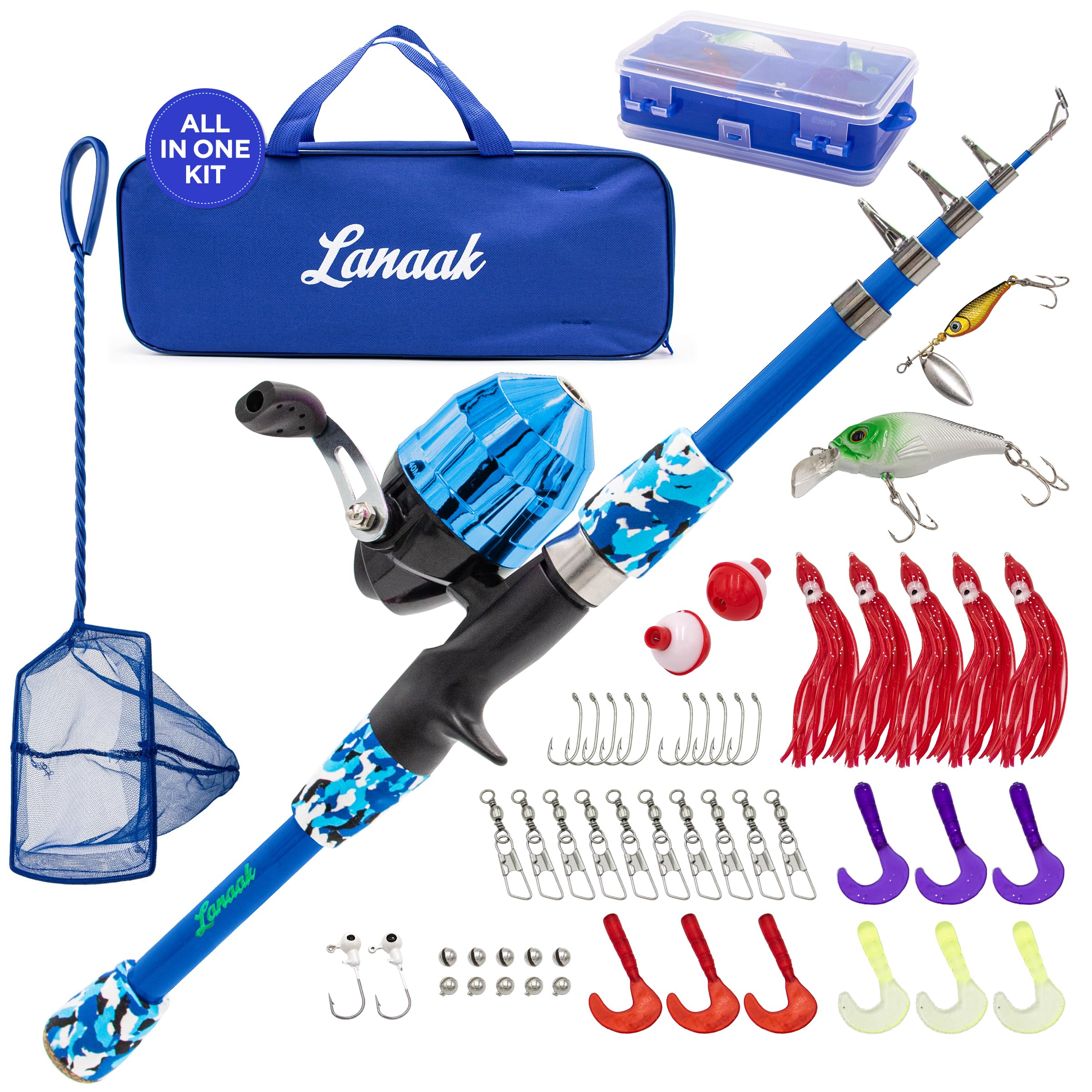 Lanaak Kids Fishing Pole and Tackle Box - with Net, Travel Bag, Reel and Beginner’s Guide - Rod and Reel Kit for Boys, Girls, or Youth (Blue)