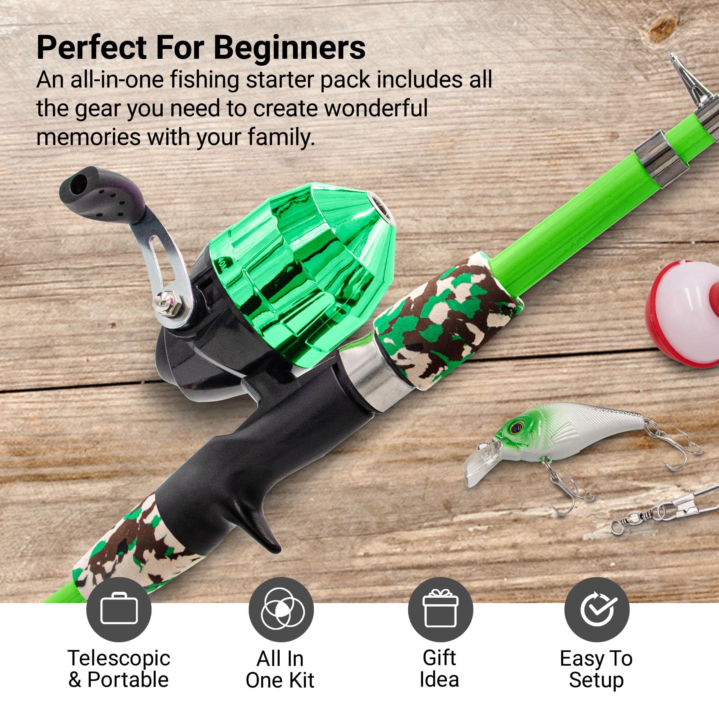 Lanaak Kids Fishing Pole and Tackle Box - with Net, Travel Bag, Reel and Beginner’s Guide - Rod and Reel Kit for Boys, Girls, or Youth (Green)