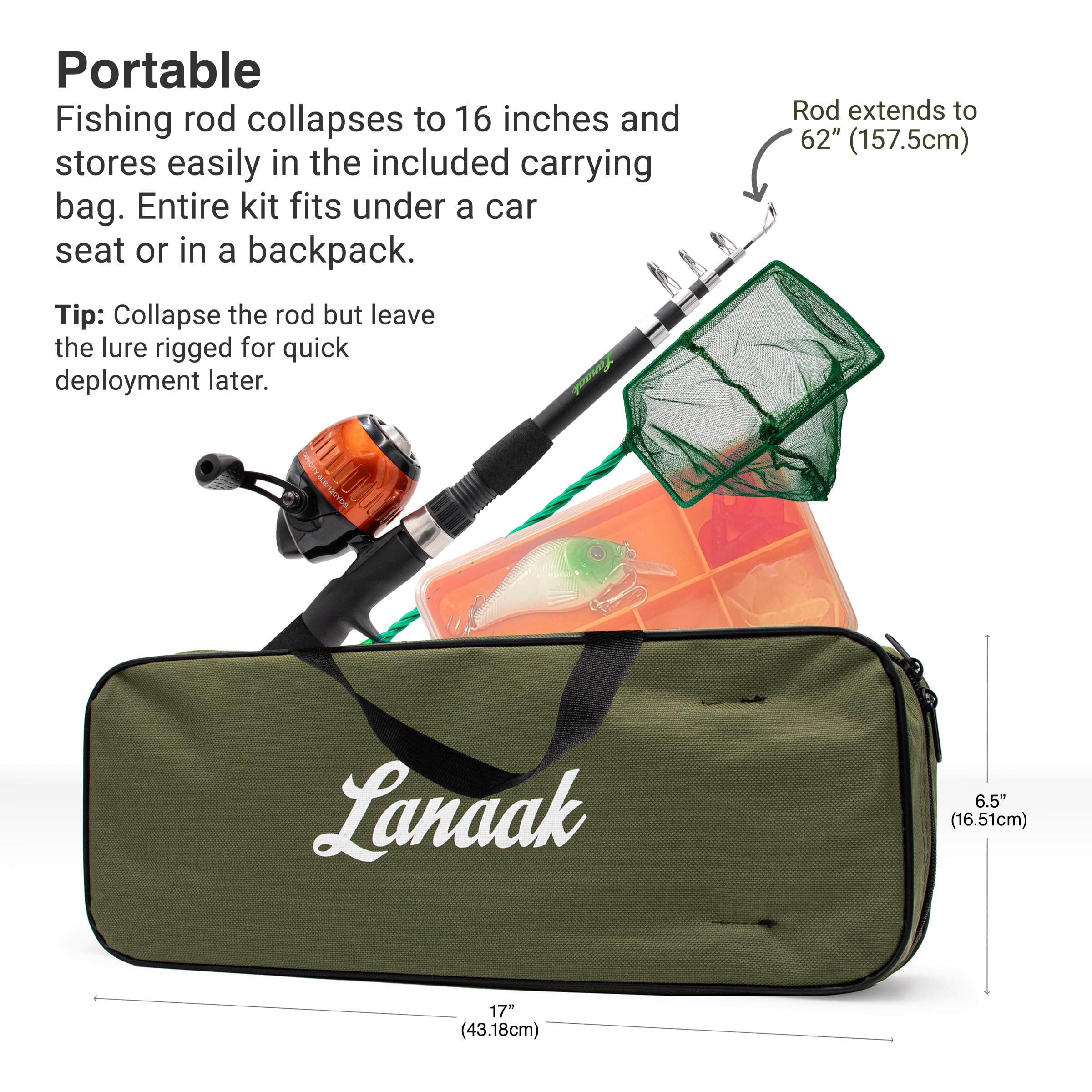 Lanaak Kids Fishing Pole and Tackle Box - with Net, Travel Bag, Reel and Beginner’s Guide - Rod and Reel Kit for Boys, Girls, or Youth (Black Rod)