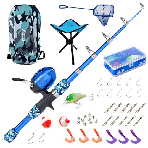 Lanaak Kids Camo-Blue Fishing Pole Combo Kit with Tackle Box and Net
