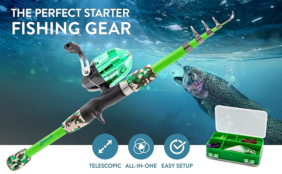 Lanaak Kids Camo-Green Fishing Pole Combo Kit with Tackle Box and Net