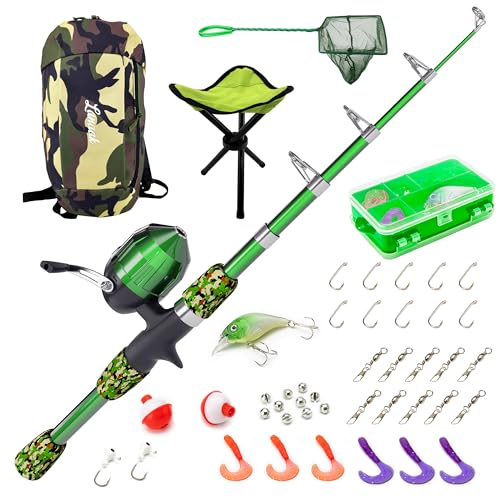 Lanaak Kids Camo-Green Fishing Pole Combo Kit with Tackle Box and Net