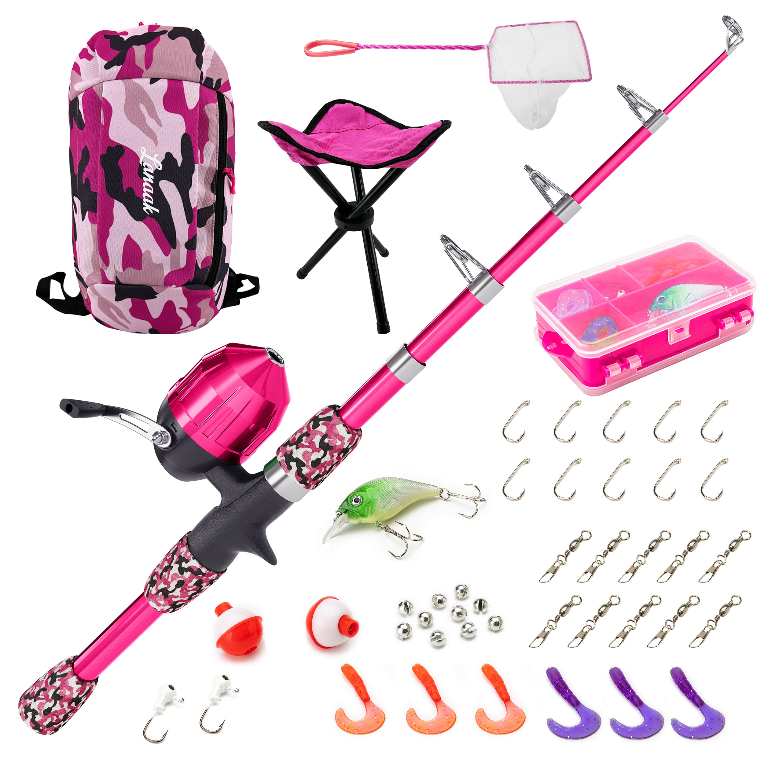 Lanaak Kids Fishing Pole Combo Kit with Tackle Box and Net